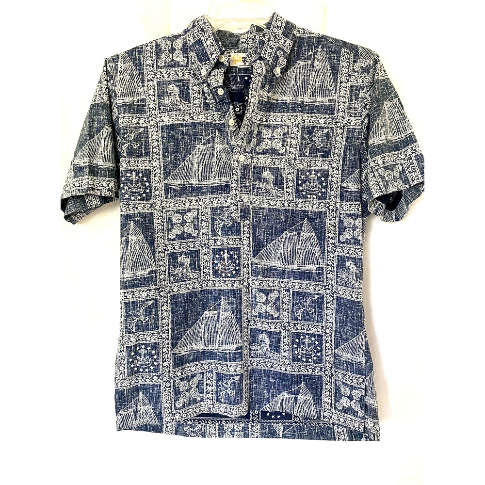 Reyn Spooner Shirt Half Button Short Sleeve Hawaiian Tropical Floral Blu…